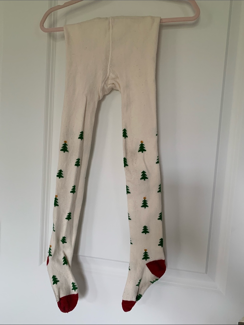 Cream Kids Tights with Green Christmas Tree Print and Red Toes